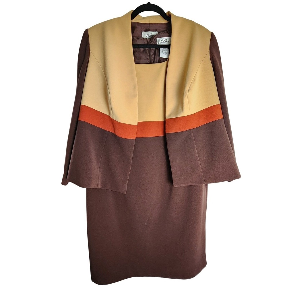 VTG Y2K Le Bos Colorblock Sheath Dress & Open Jacket Set Brown Orange Women 16WP